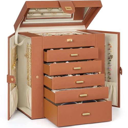 AKOZLIN Jewelry Box Organizer Functional Leather Jewelry Storage Case for Women Girls Ring Necklace Earring Bracelet Holder Organizer with Mirror Black