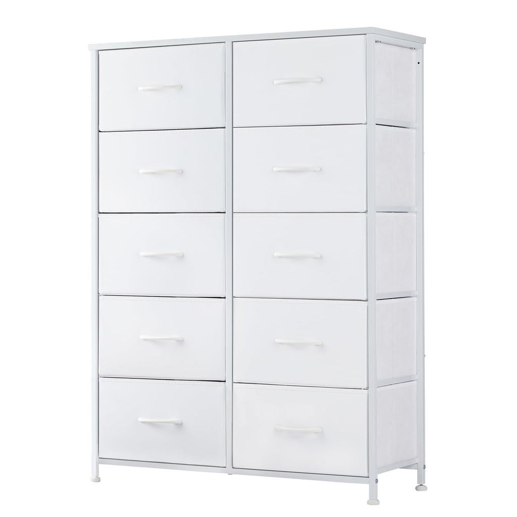 DUMOS Dresser for Bedroom, Storage Organizer with 9 Drawers, Chest of Drawers with Fabric Bins, Sturdy Metal Frame, Wood Tabletop for Guest Room, Closet, Entryway, White