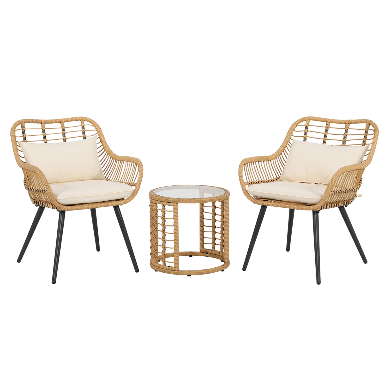 JOIVI 3 Piece Patio Bistro Set, Wicker Outdoor Patio Set with Enhanced Comfort Seating, Round Glass Top Coffee Side Table, Patio Rattan Conversation Set for Balcony, Lawn, Garden, Backyard, Black