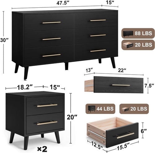 Ahomly 6-Drawer Dresser and 2-Drawer Nightstands Set for Bedroom, 3 Pcs Bedroom Set with Gold Handles，Modern Wood Dresser with Ample Storage, Black