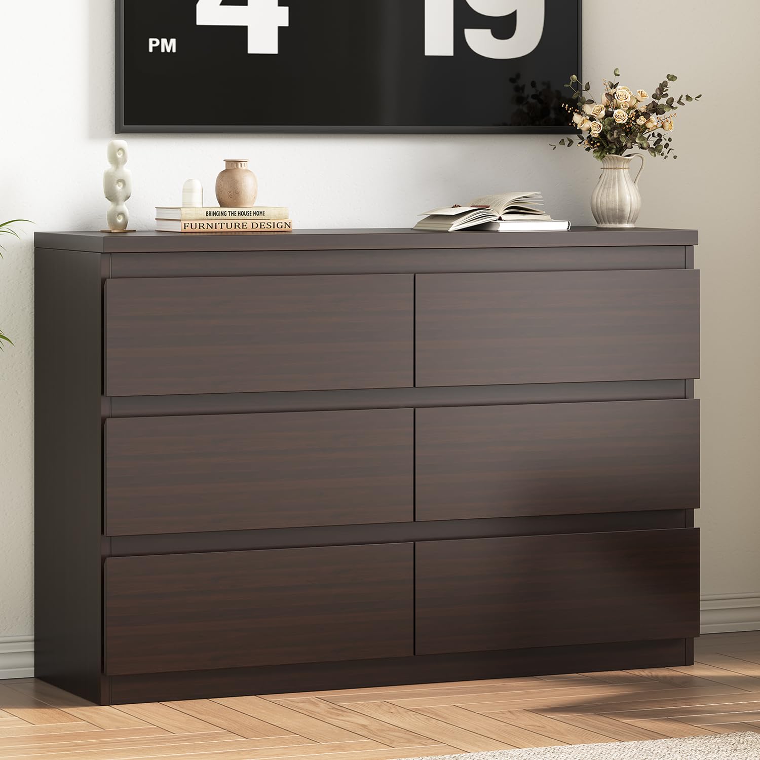 Jocoevol White 6 Drawer Dresser for Bedroom, 15.3" D x 47.2" W x 32.3" H in Simply Modern Chest of Drawers, Wood Storage Double Dresser with Deep Drawers for Living Room, Hallway Entryway, White