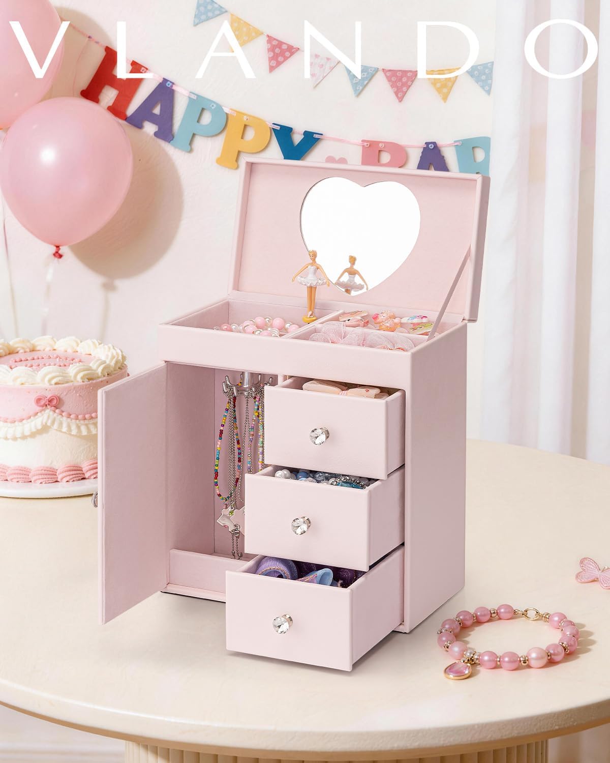 Vlando Musical Jewelry Box for Girls - Valentines Day Gift for Kid - Large Kid Music Box with Ballerina for Birthday Bedroom Decor, 4 Layer Girl Jewelry Gifts for Girls Kids - Light Pink