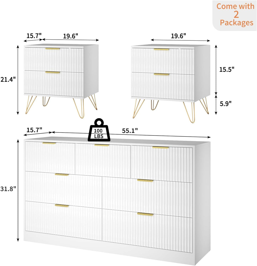 3Pcs White Modern Bedroom Furniture Set, 55" Wide Fluted Dresser + 2 Gold Handle Nightstands