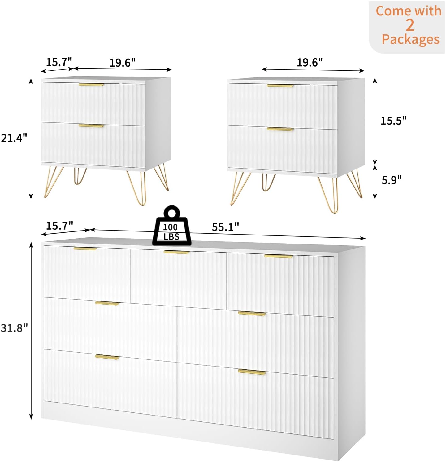 3Pcs White Modern Bedroom Furniture Set, 55" Wide Fluted Dresser + 2 Gold Handle Nightstands
