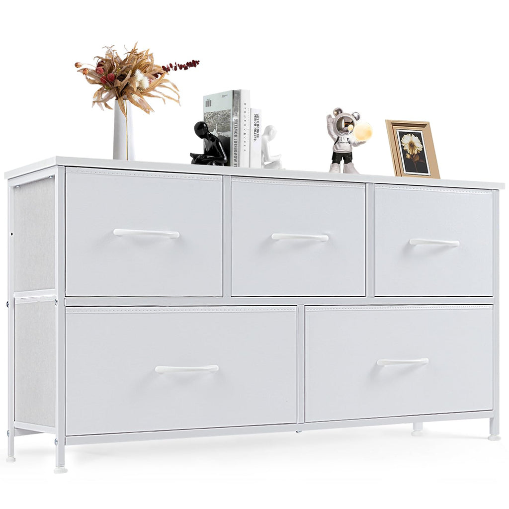 DUMOS Dresser for Bedroom, Storage Organizer with 9 Drawers, Chest of Drawers with Fabric Bins, Sturdy Metal Frame, Wood Tabletop for Guest Room, Closet, Entryway, White