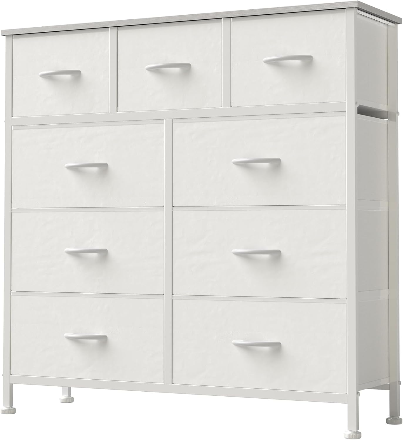 DUMOS Dresser for Bedroom, Storage Organizer with 9 Drawers, Chest of Drawers with Fabric Bins, Sturdy Metal Frame, Wood Tabletop for Guest Room, Closet, Entryway, White