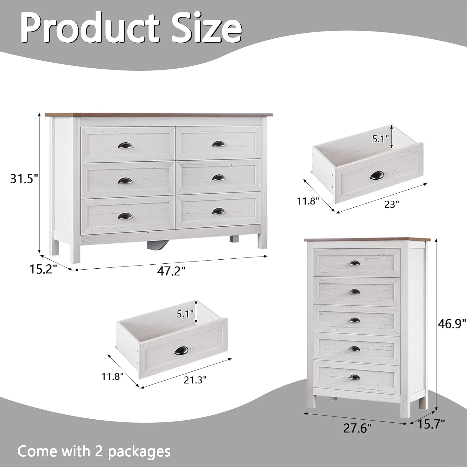 SINROM Farmhouse 2-Piece Bedroom Dresser Set, 6 Drawer Wide Dresser & 5 Drawer Tall Dressers, Distressed Wood Grain Finish with Shell Handles, Dressers Chest of Drawers for Bedroom