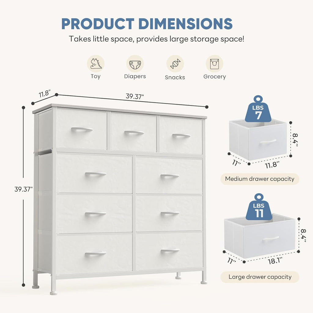 DUMOS Dresser for Bedroom, Storage Organizer with 9 Drawers, Chest of Drawers with Fabric Bins, Sturdy Metal Frame, Wood Tabletop for Guest Room, Closet, Entryway, White