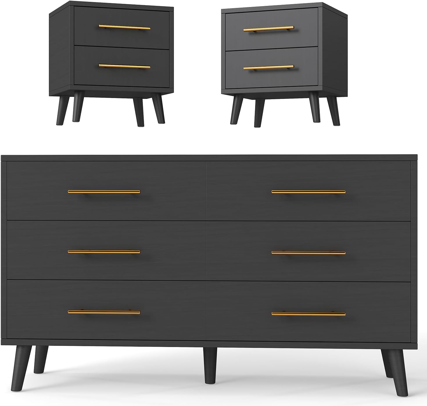 Ahomly 6-Drawer Dresser and 2-Drawer Nightstands Set for Bedroom, 3 Pcs Bedroom Set with Gold Handles，Modern Wood Dresser with Ample Storage, Black