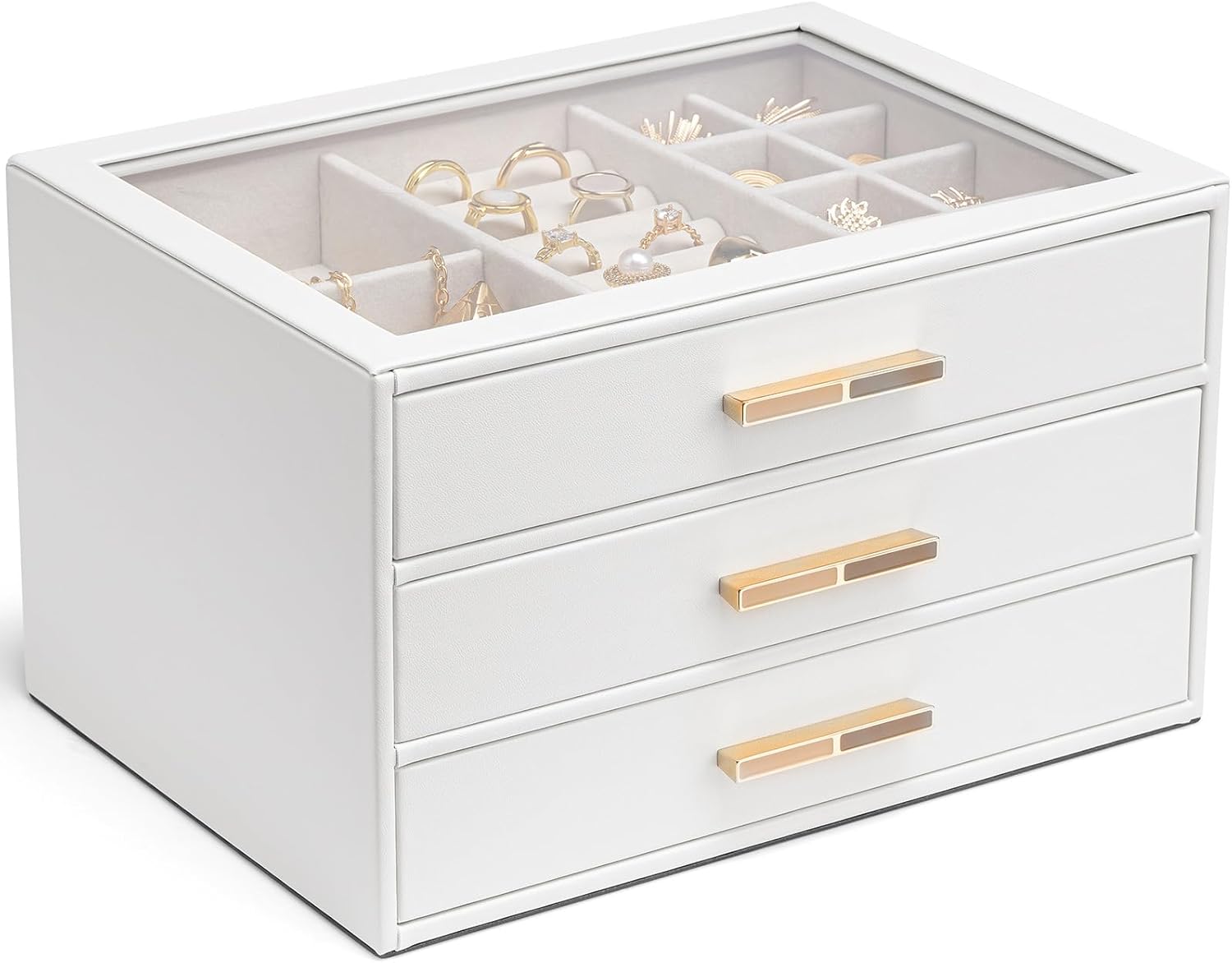 VLANDO 4 Layer Jewelry Box for Women, Glass Lid Jewelry Organizer with 4 Drawers for Necklaces Rings Earrings Bracelets - Cloud White