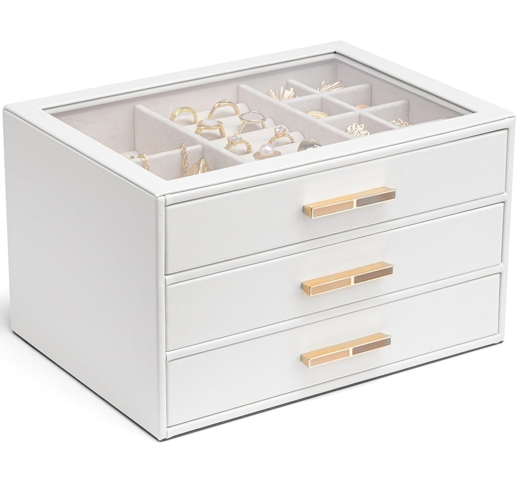 VLANDO 4 Layer Jewelry Box for Women, Glass Lid Jewelry Organizer with 4 Drawers for Necklaces Rings Earrings Bracelets - Cloud White