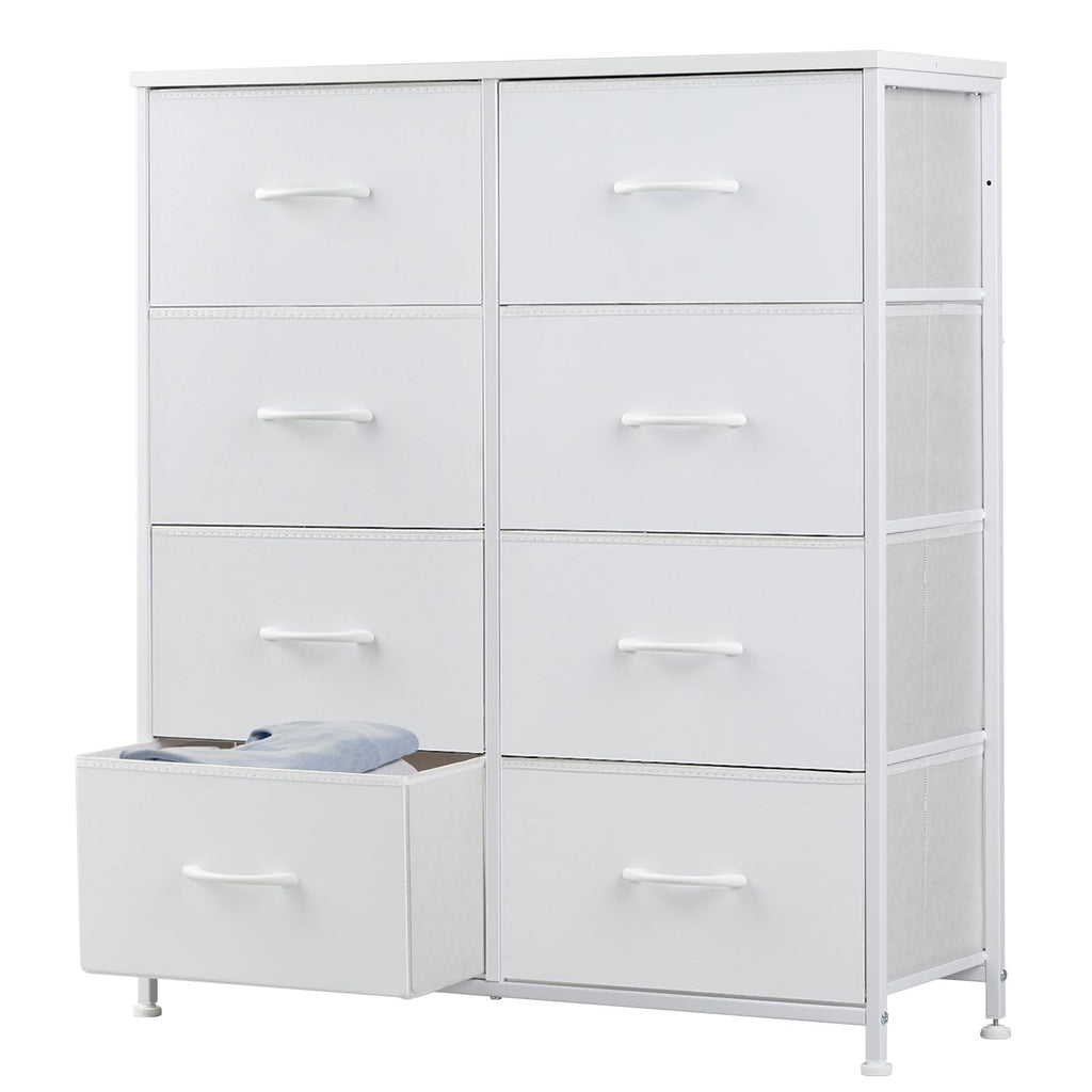 DUMOS Dresser for Bedroom, Storage Organizer with 9 Drawers, Chest of Drawers with Fabric Bins, Sturdy Metal Frame, Wood Tabletop for Guest Room, Closet, Entryway, White