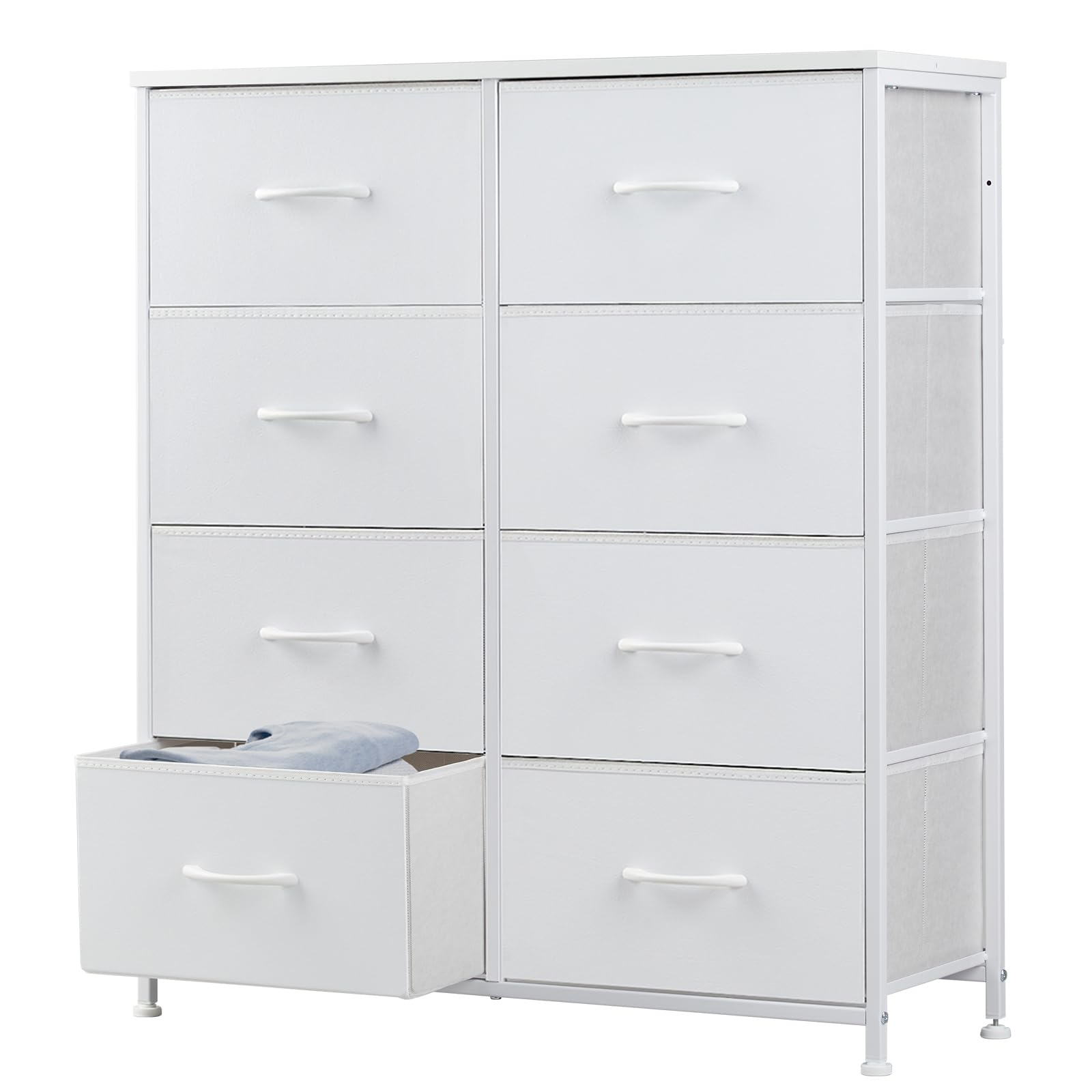 DUMOS Dresser for Bedroom, Storage Organizer with 9 Drawers, Chest of Drawers with Fabric Bins, Sturdy Metal Frame, Wood Tabletop for Guest Room, Closet, Entryway, White