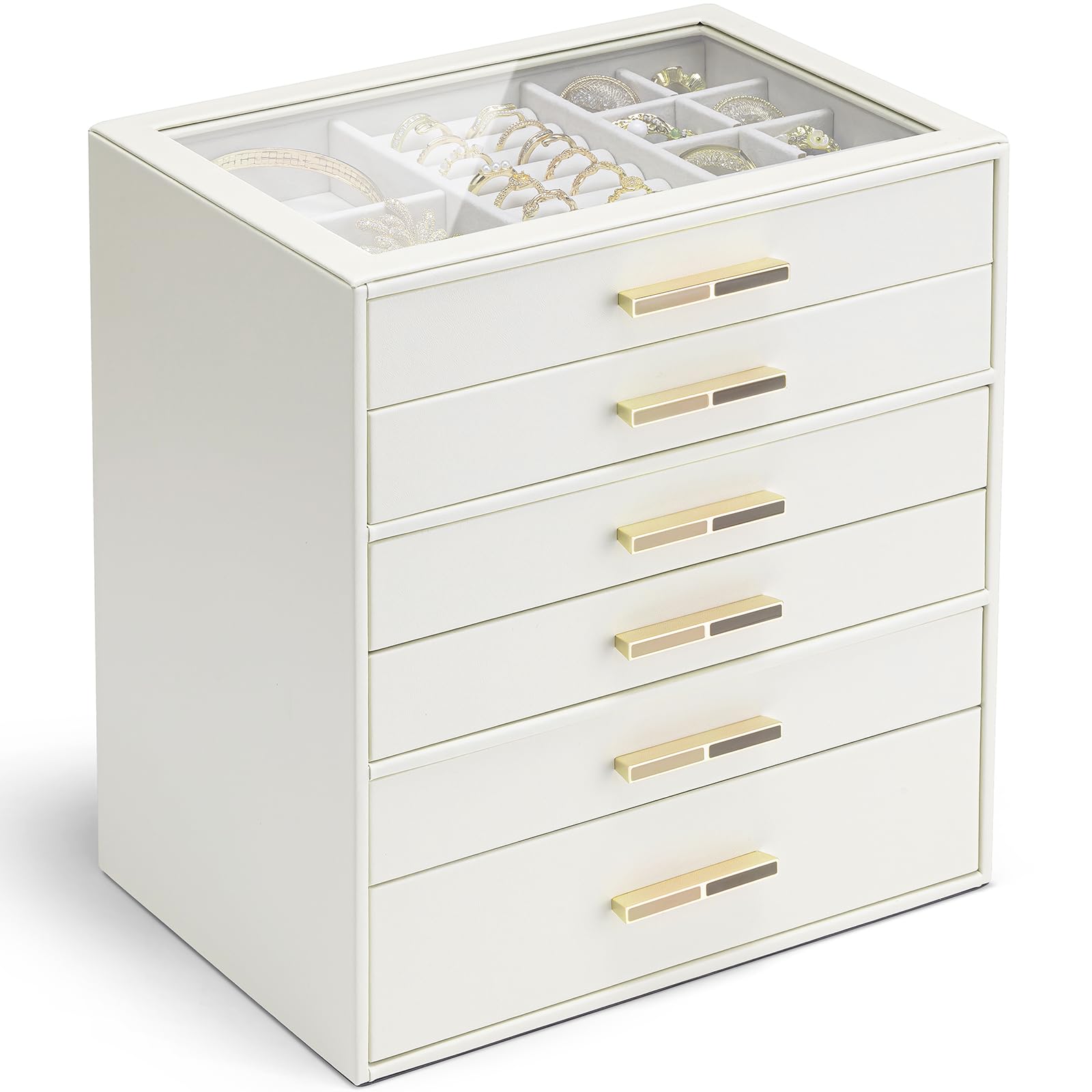 VLANDO 4 Layer Jewelry Box for Women, Glass Lid Jewelry Organizer with 4 Drawers for Necklaces Rings Earrings Bracelets - Cloud White