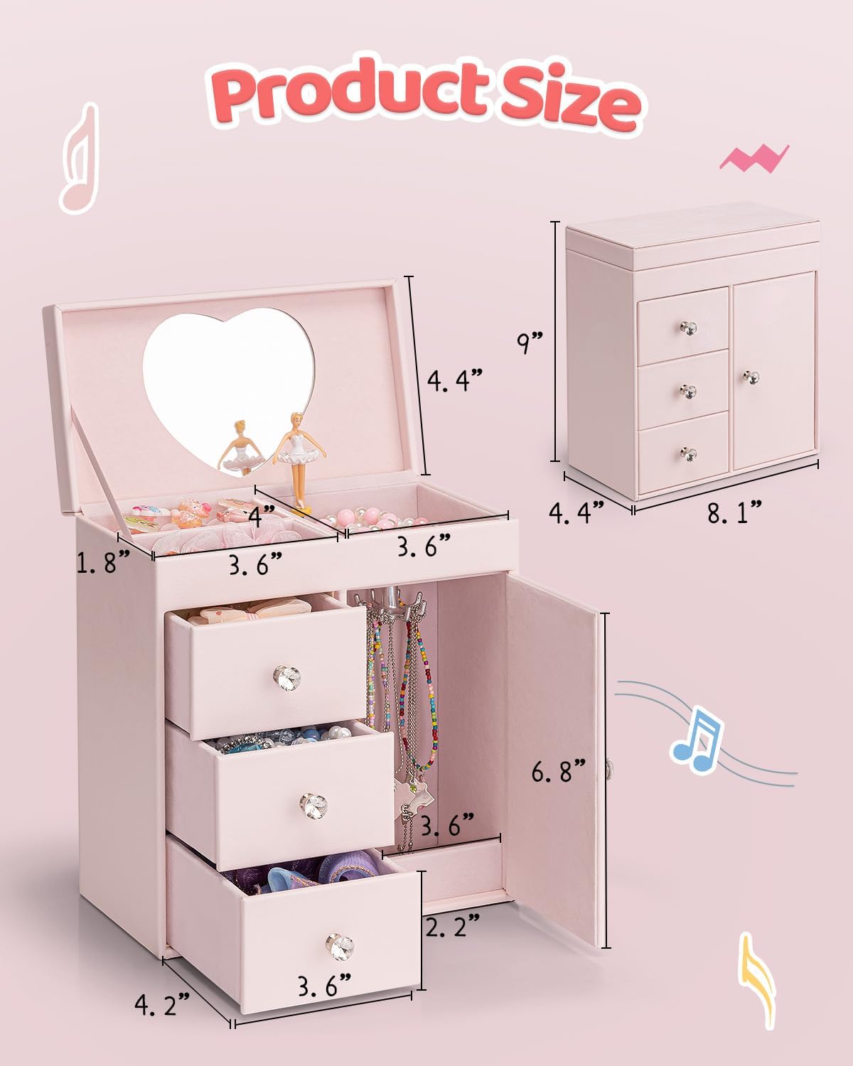 Vlando Musical Jewelry Box for Girls - Valentines Day Gift for Kid - Large Kid Music Box with Ballerina for Birthday Bedroom Decor, 4 Layer Girl Jewelry Gifts for Girls Kids - Light Pink