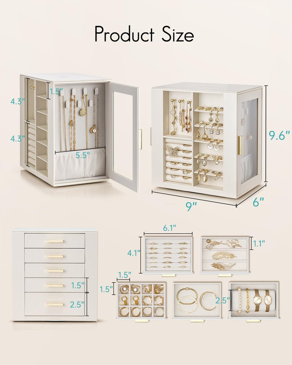 VLANDO 360ｰ Rotating Jewelry Box with 5 Drawers, Large Jewelry Storage with 2 Glass Window, PU Leather Jewelry Organizer for Bracelets, Necklaces, Earrings, Rings - Cloud White