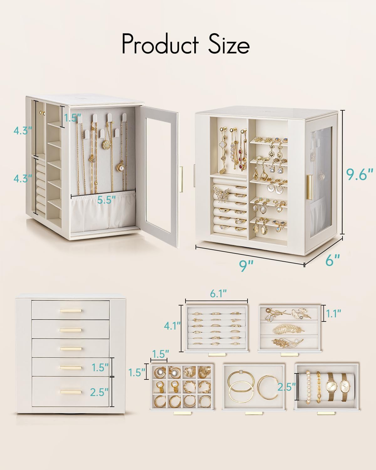VLANDO 360ｰ Rotating Jewelry Box with 5 Drawers, Large Jewelry Storage with 2 Glass Window, PU Leather Jewelry Organizer for Bracelets, Necklaces, Earrings, Rings - Cloud White