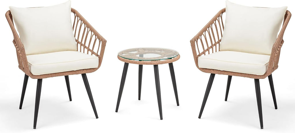 ECOTOUGE 3 Piece Wicker Patio Bistro Set, Outdoor Rattan Dining Set with Glass Top Table, Chairs, and Cushions, All-Weather Conversation Furniture Sets for Porch Backyard Lawn Poolside, Beige
