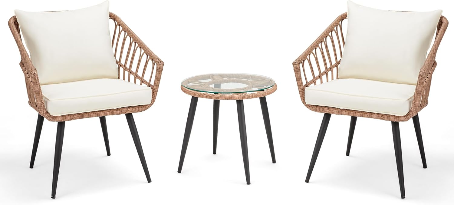 ECOTOUGE 3 Piece Wicker Patio Bistro Set, Outdoor Rattan Dining Set with Glass Top Table, Chairs, and Cushions, All-Weather Conversation Furniture Sets for Porch Backyard Lawn Poolside, Beige