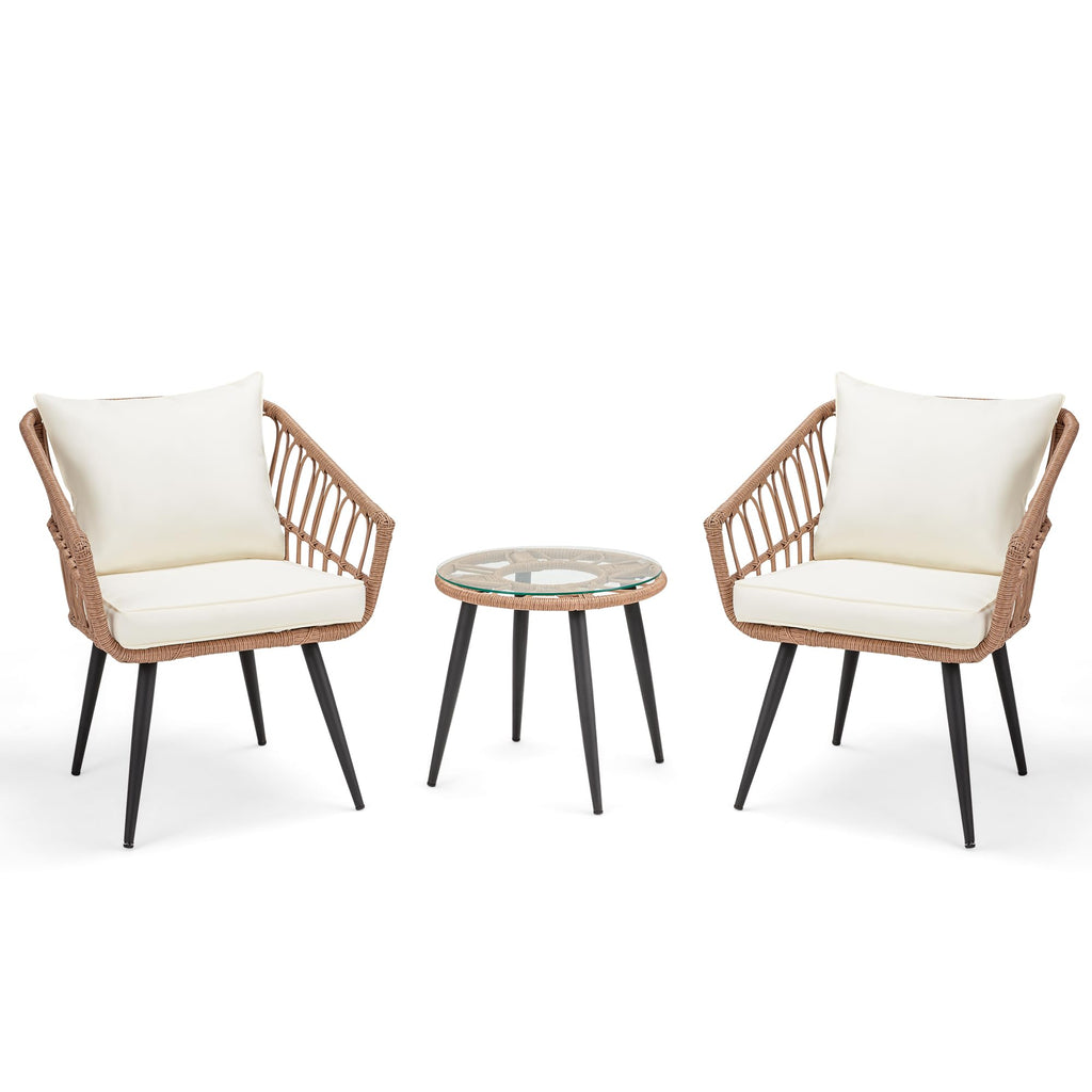 ECOTOUGE 3 Piece Wicker Patio Bistro Set, Outdoor Rattan Dining Set with Glass Top Table, Chairs, and Cushions, All-Weather Conversation Furniture Sets for Porch Backyard Lawn Poolside, Beige