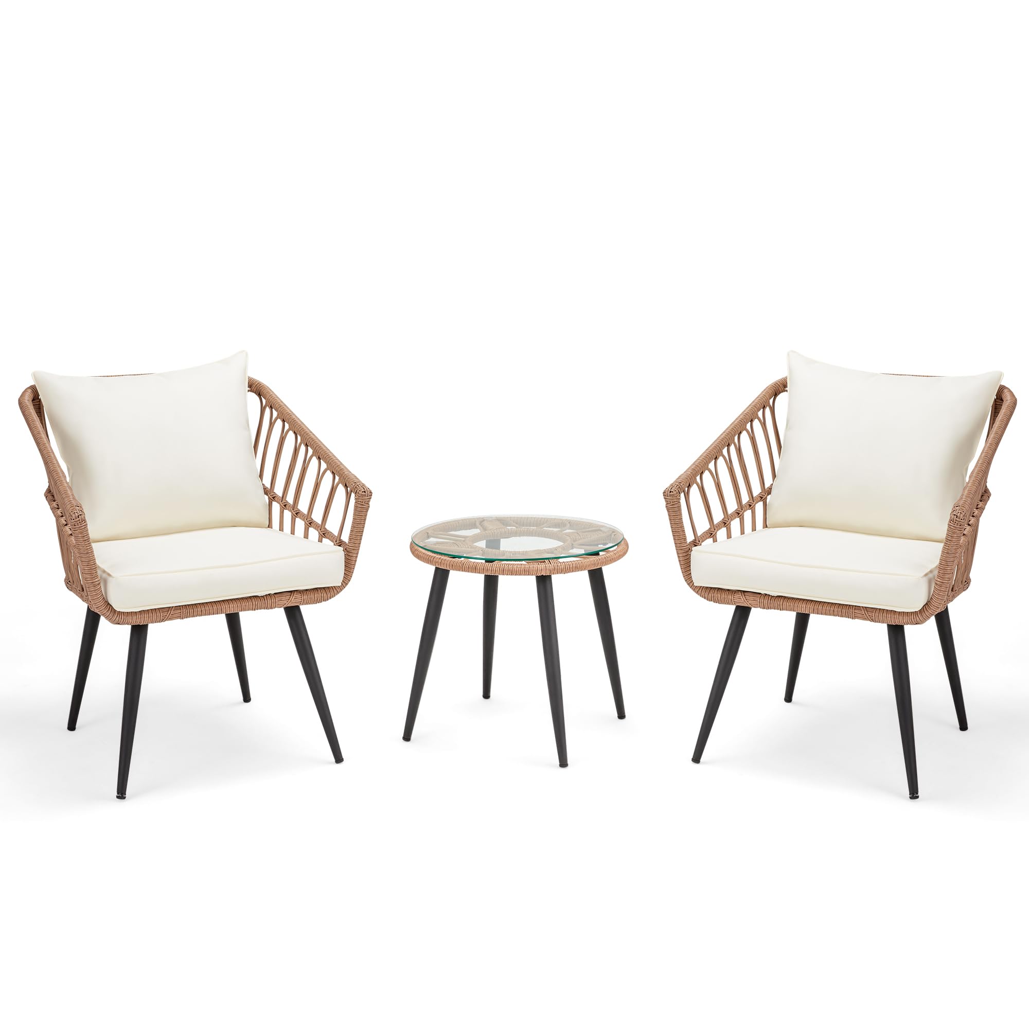 ECOTOUGE 3 Piece Wicker Patio Bistro Set, Outdoor Rattan Dining Set with Glass Top Table, Chairs, and Cushions, All-Weather Conversation Furniture Sets for Porch Backyard Lawn Poolside, Beige