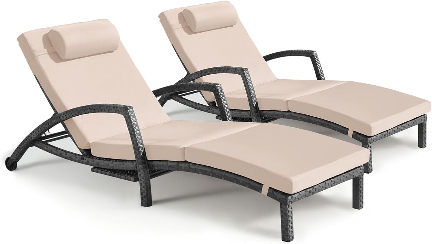 Chaise Lounge Chairs Outdoor Set of 2, Comfy Outside Wicker Patio Pool Lounge Chair w/ 5 Adjustable Back Angle, Cup Holder, Thicken Cushion