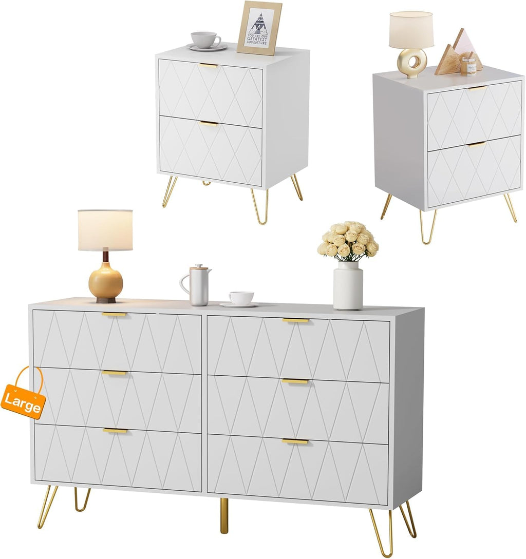 Anbuy Bedroom Sets 3 Piece Black 6 Drawer Dresser and Night Stand Sets for Bedroom, Two Drawers Nightstand Set of 2 & 6 Drawer Dresser Combo 3 Pieces (Black)