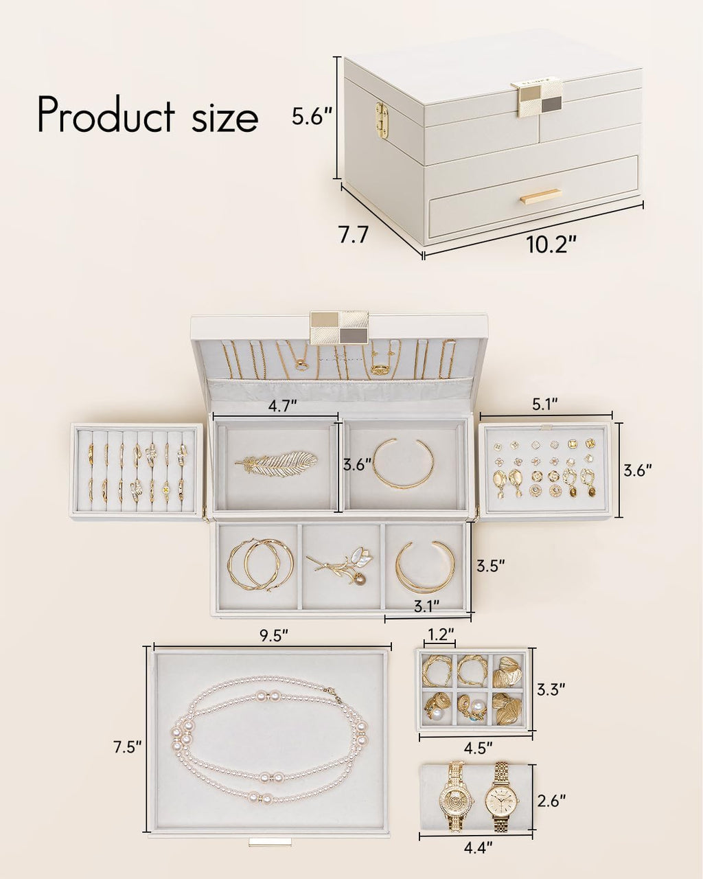 VLANDO 3 Layer Jewelry Box - Women Jewelry Box with Retractable Tray - Jewelry Organizers with Drawer for Necklaces, Rings, Bracelets, Earrings, Valentines Gift for Mom Girls - Cloud White