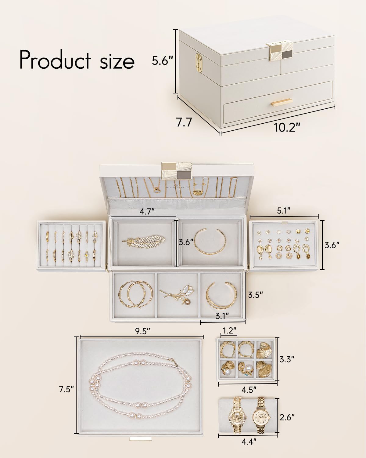 VLANDO 3 Layer Jewelry Box - Women Jewelry Box with Retractable Tray - Jewelry Organizers with Drawer for Necklaces, Rings, Bracelets, Earrings, Valentines Gift for Mom Girls - Cloud White