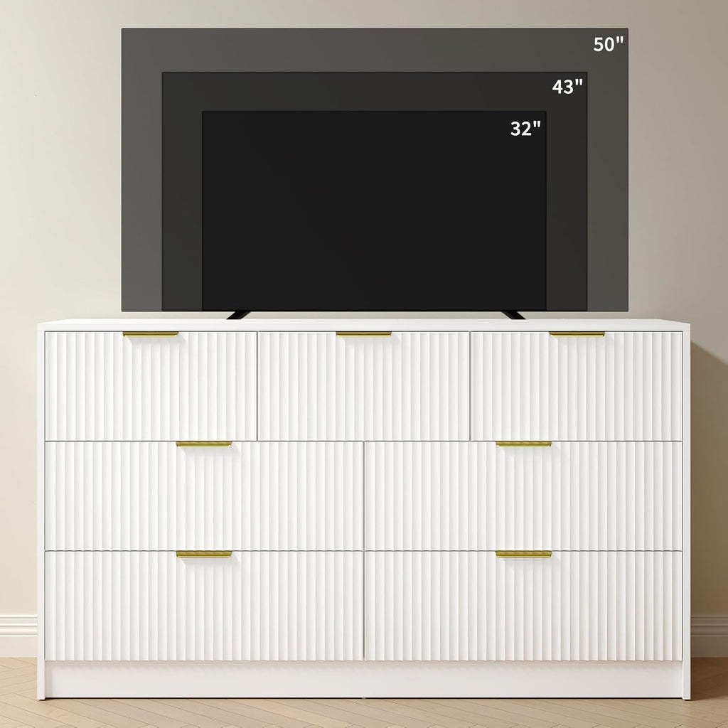 3Pcs White Modern Bedroom Furniture Set, 55" Wide Fluted Dresser + 2 Gold Handle Nightstands
