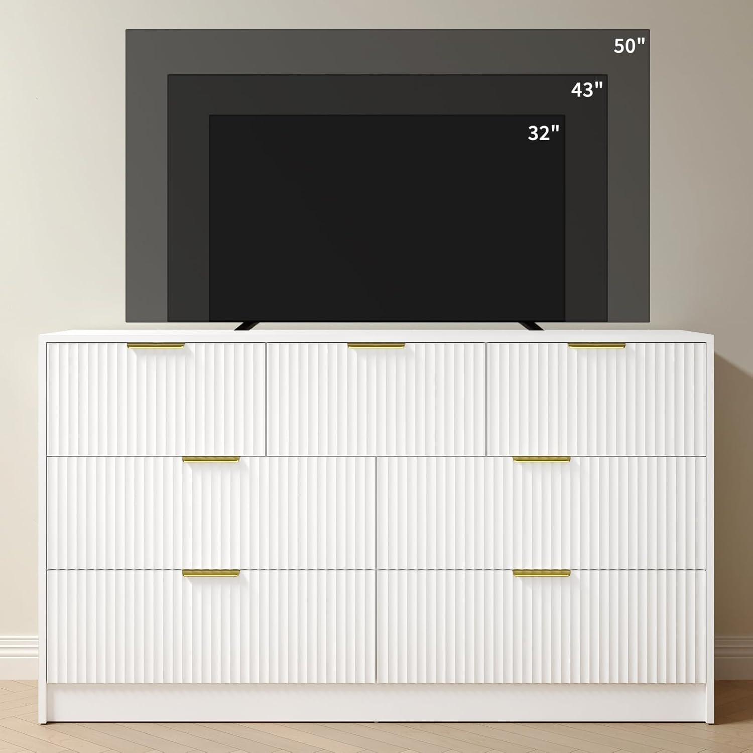 3Pcs White Modern Bedroom Furniture Set, 55" Wide Fluted Dresser + 2 Gold Handle Nightstands