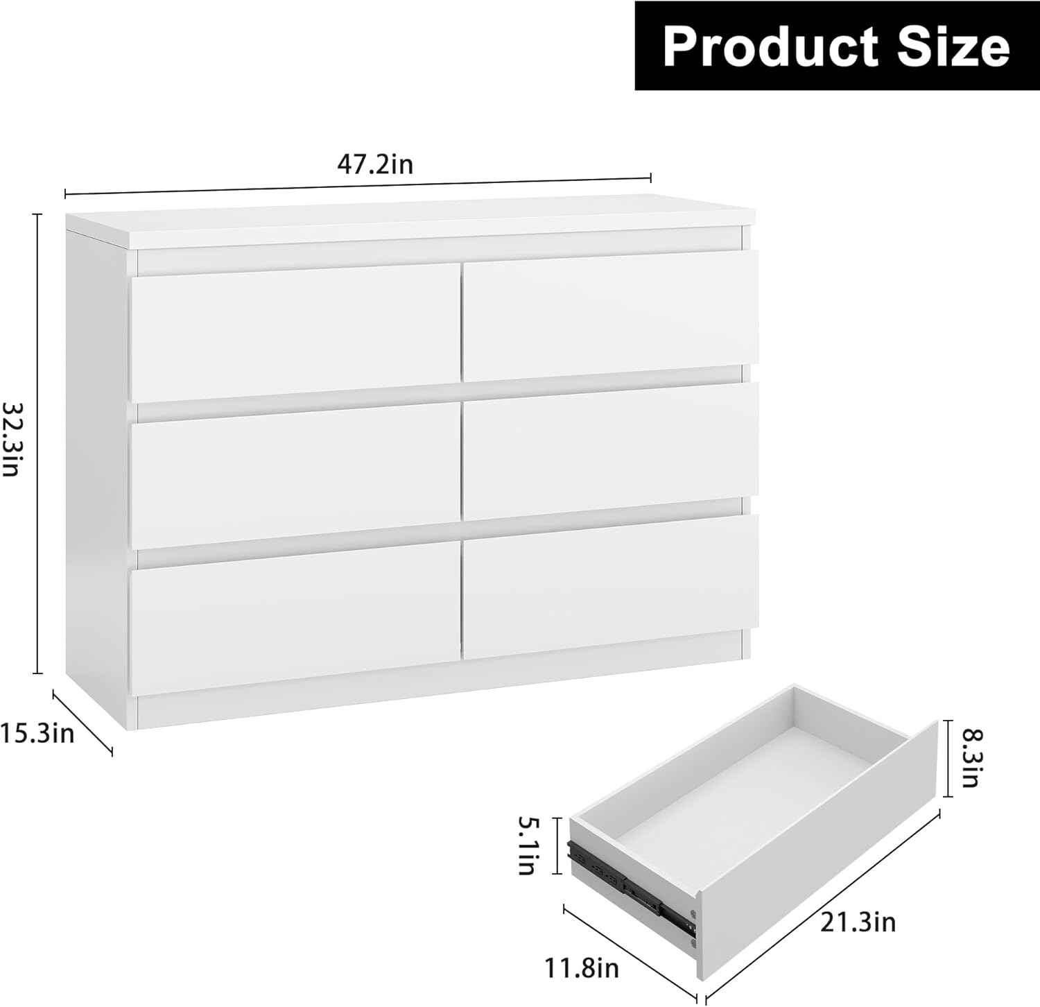 Jocoevol White 6 Drawer Dresser for Bedroom, 15.3" D x 47.2" W x 32.3" H in Simply Modern Chest of Drawers, Wood Storage Double Dresser with Deep Drawers for Living Room, Hallway Entryway, White