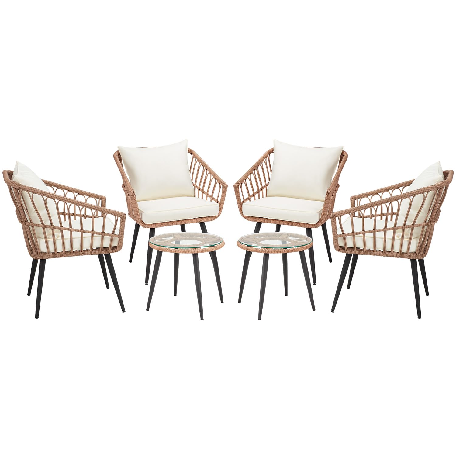 ECOTOUGE 3 Piece Wicker Patio Bistro Set, Outdoor Rattan Dining Set with Glass Top Table, Chairs, and Cushions, All-Weather Conversation Furniture Sets for Porch Backyard Lawn Poolside, Beige