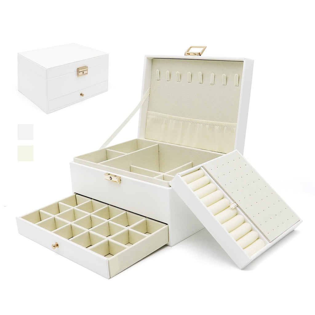 Jewelry Organizer Box, Jewelry Box Organizers for Women Girls, 3 Layers Large Leather Jewels Storage Case for Earring, Rings, Necklaces Bracelets, Big and Small Jewellery, Watch, Gift (OliveGreen)
