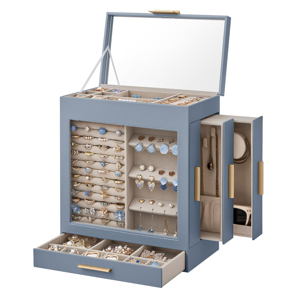 SONGMICS Jewelry Box with Glass Window, 5-Layer Jewelry Organizer with 3 Side Drawers, Jewelry Storage, with Big Mirror, Modern, 6.1 x 10.3 x 12.6 Inches, Cloud White and Metallic Gold UJBC162W01