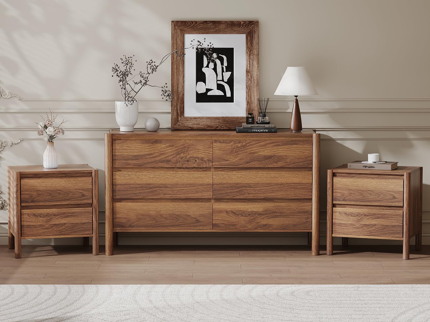 CHUWELL 3-Piece Bedroom Dresser Set-9 Drawer Dresser & 2 Nightstands,47" Wide Walnurt Dresser and Night Stands with Solid Wood Cylindrical Legs,Rustic Wooden Storage for Bedroom