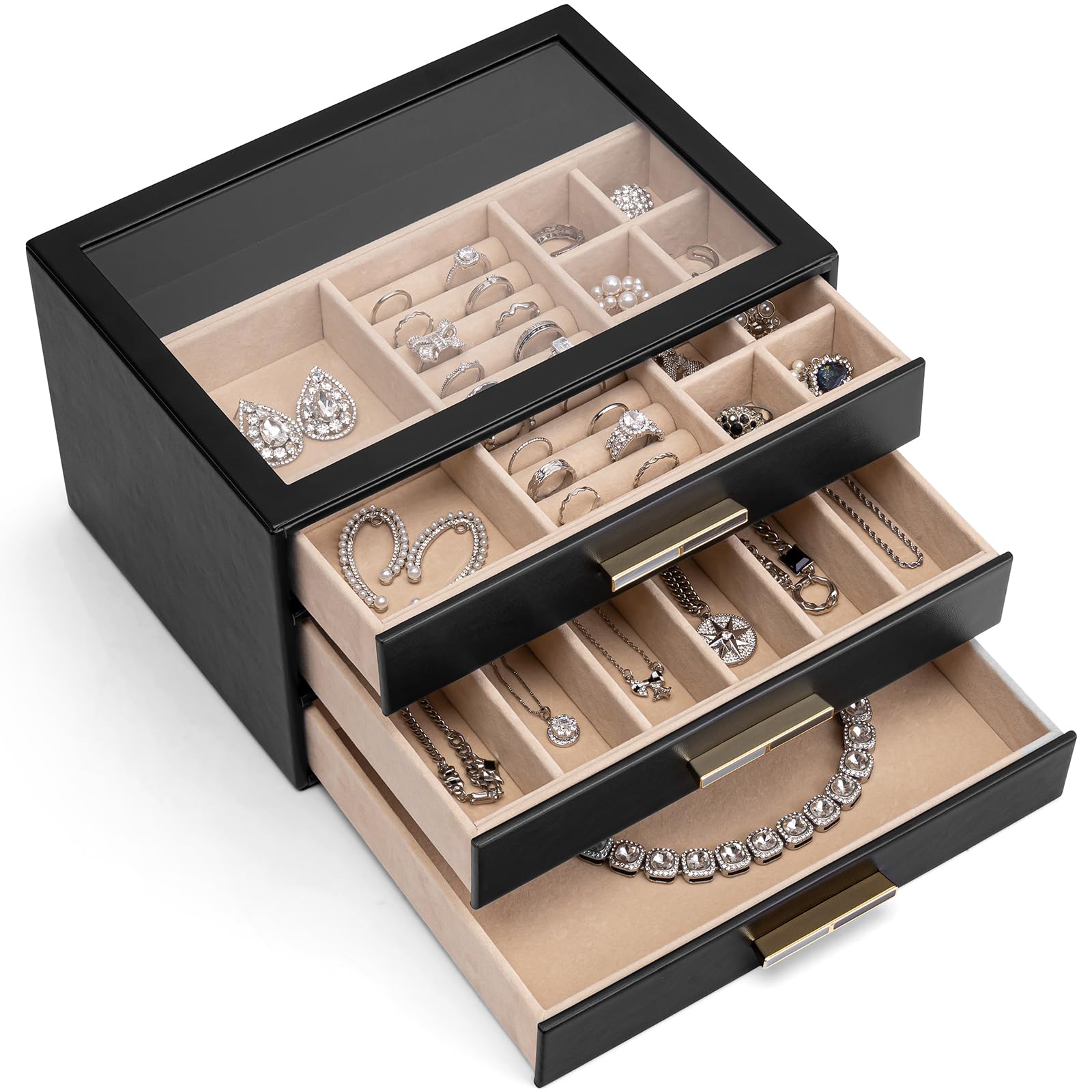 VLANDO 4 Layer Jewelry Box for Women, Glass Lid Jewelry Organizer with 4 Drawers for Necklaces Rings Earrings Bracelets - Cloud White