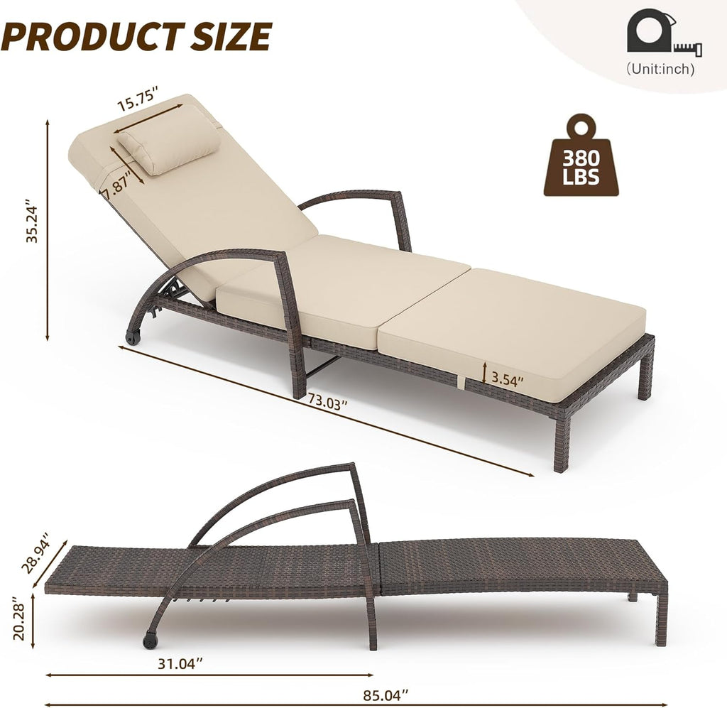 2Pcs Beige Rattan Folding Chaise Lounge,5-Position Adjustable Outdoor Lounge Chair with Cushion & Pillow