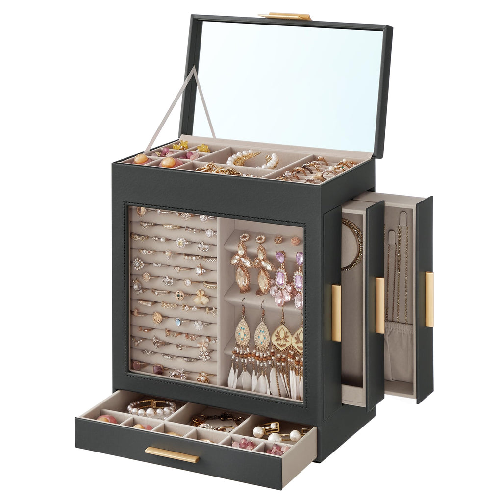 SONGMICS Jewelry Box with Glass Window, 5-Layer Jewelry Organizer with 3 Side Drawers, Jewelry Storage, with Big Mirror, Modern, 6.1 x 10.3 x 12.6 Inches, Cloud White and Metallic Gold UJBC162W01
