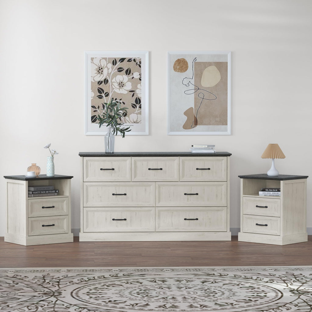 Tradare 3 Pcs Farmhouse Dresser and Nightstand Sets for Bedroom, 6 Drawer Dresser & Nightstand Set of 2, Rustic Wooden Chest of Drawers Wide Storage Organizer for Bedroom, White