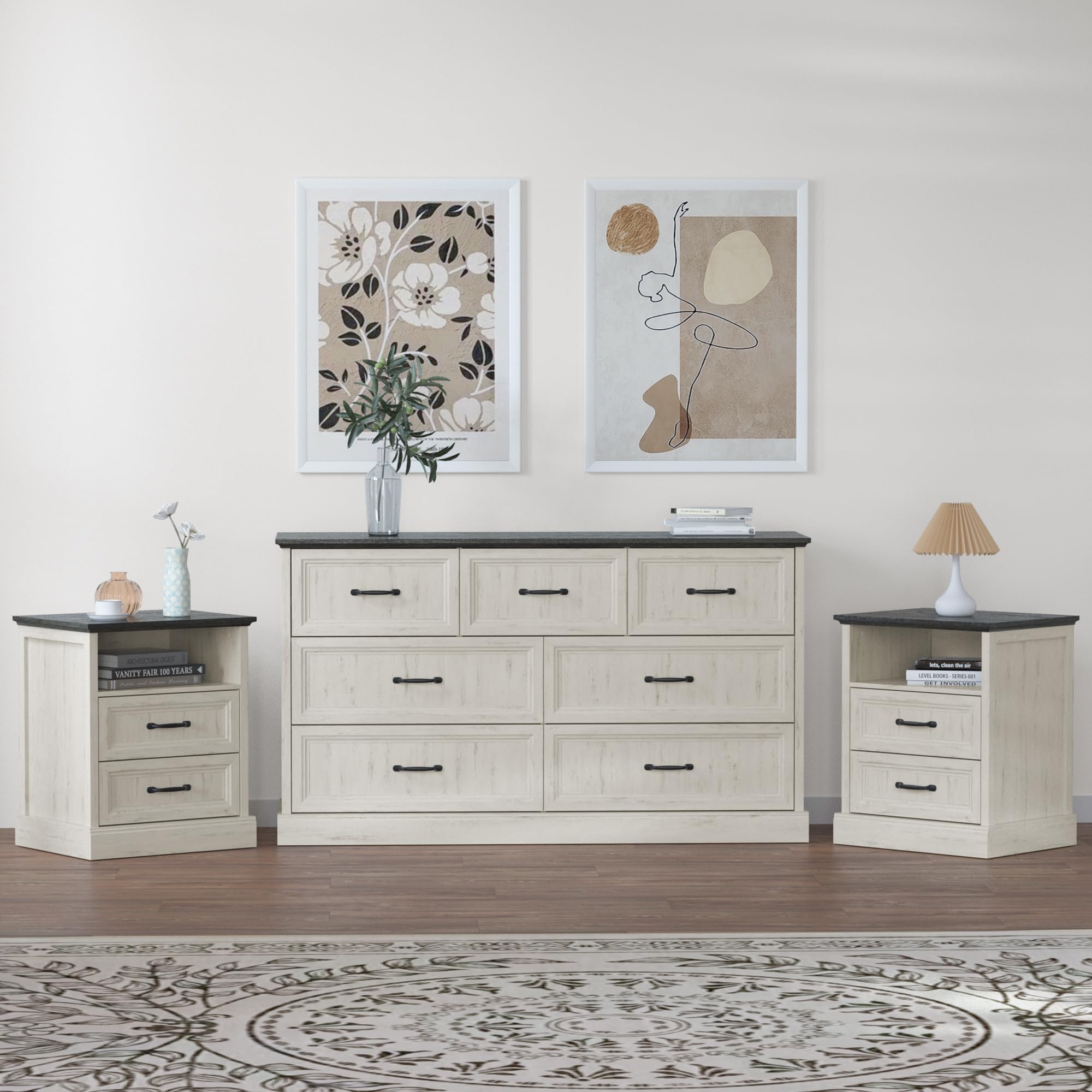 Tradare 3 Pcs Farmhouse Dresser and Nightstand Sets for Bedroom, 6 Drawer Dresser & Nightstand Set of 2, Rustic Wooden Chest of Drawers Wide Storage Organizer for Bedroom, White