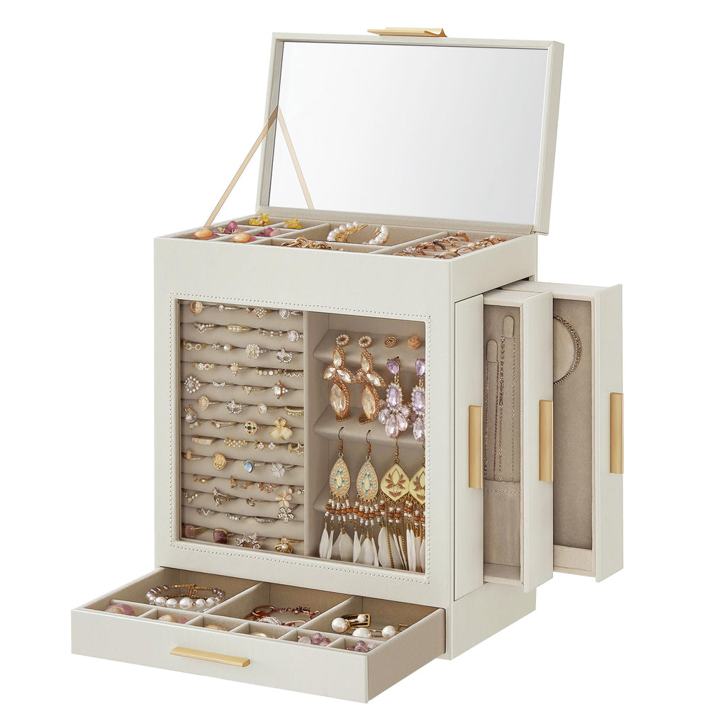 SONGMICS Jewelry Box with Glass Window, 5-Layer Jewelry Organizer with 3 Side Drawers, Jewelry Storage, with Big Mirror, Modern, 6.1 x 10.3 x 12.6 Inches, Cloud White and Metallic Gold UJBC162W01