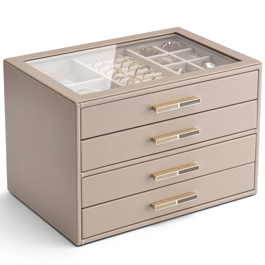 VLANDO 4 Layer Jewelry Box for Women, Glass Lid Jewelry Organizer with 4 Drawers for Necklaces Rings Earrings Bracelets - Cloud White
