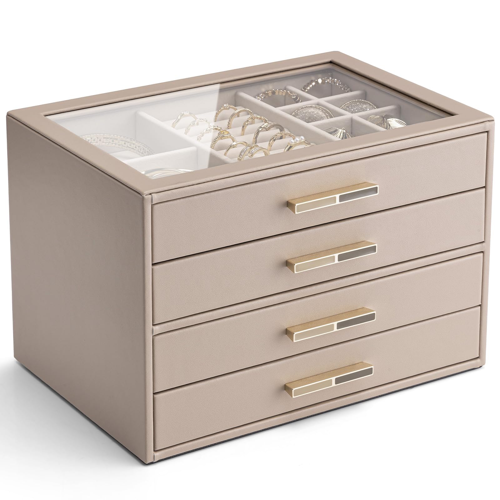 VLANDO 4 Layer Jewelry Box for Women, Glass Lid Jewelry Organizer with 4 Drawers for Necklaces Rings Earrings Bracelets - Cloud White