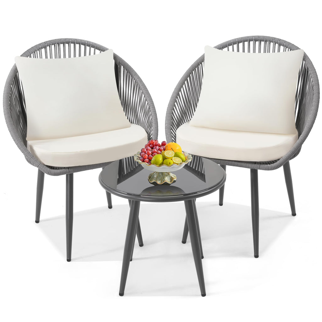 wildformers 3 Pieces Bistro Set, Woven Rope Chair with Cushions, All Weather Patio Conversation Set and Side Table, Ideal for Deck, Balcony, Poolside, Black