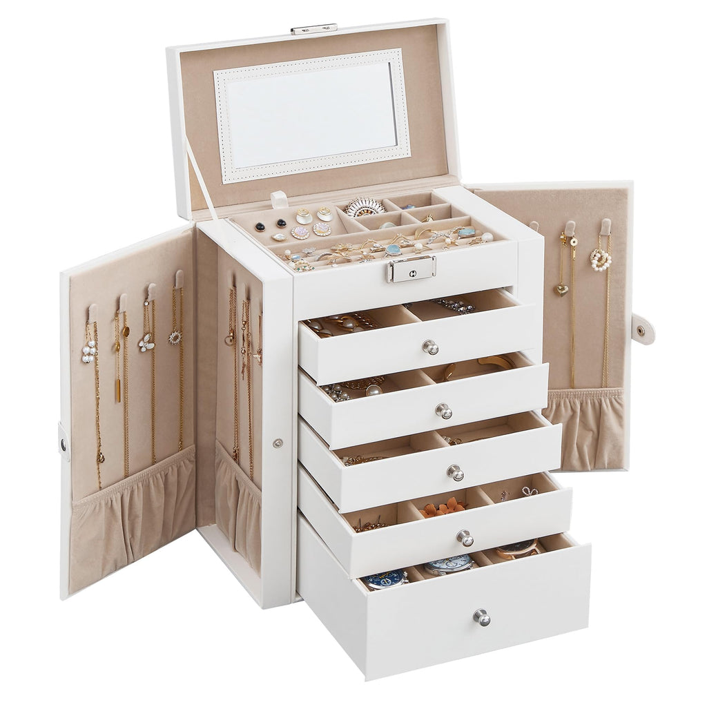 SONGMICS 6-Layer Jewelry Box Organizer with 5 Drawers, Jewelry Storage Case with Lock and Mirror, Large Storage Capacity, Gift for Loved Ones, for Necklaces, Watches, White UJBC152W01