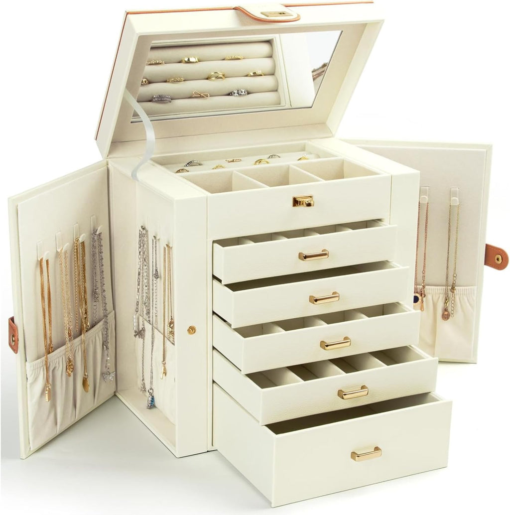 KAMIER Jewelry Box for Women, 6-Layer Large Jewelry Holder Organizer Box with Mirror & 5 Drawers for Rings, Earrings, Necklaces, Bracelets,White