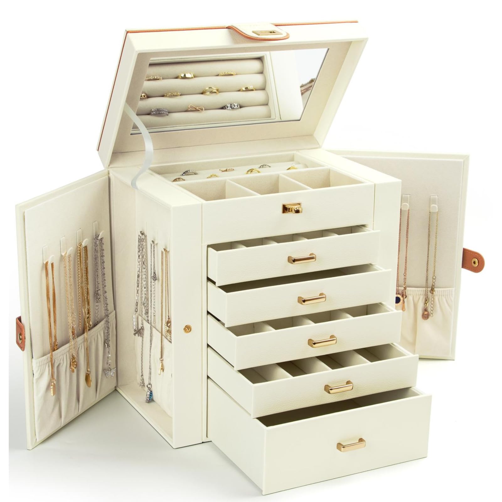 KAMIER Jewelry Box for Women, 6-Layer Large Jewelry Holder Organizer Box with Mirror & 5 Drawers for Rings, Earrings, Necklaces, Bracelets,White