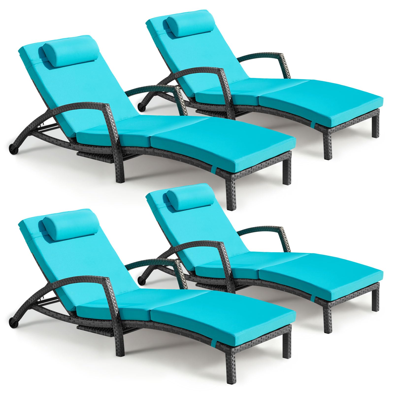Chaise Lounge Chairs Outdoor Set of 2, Comfy Outside Wicker Patio Pool Lounge Chair w/ 5 Adjustable Back Angle, Cup Holder, Thicken Cushion