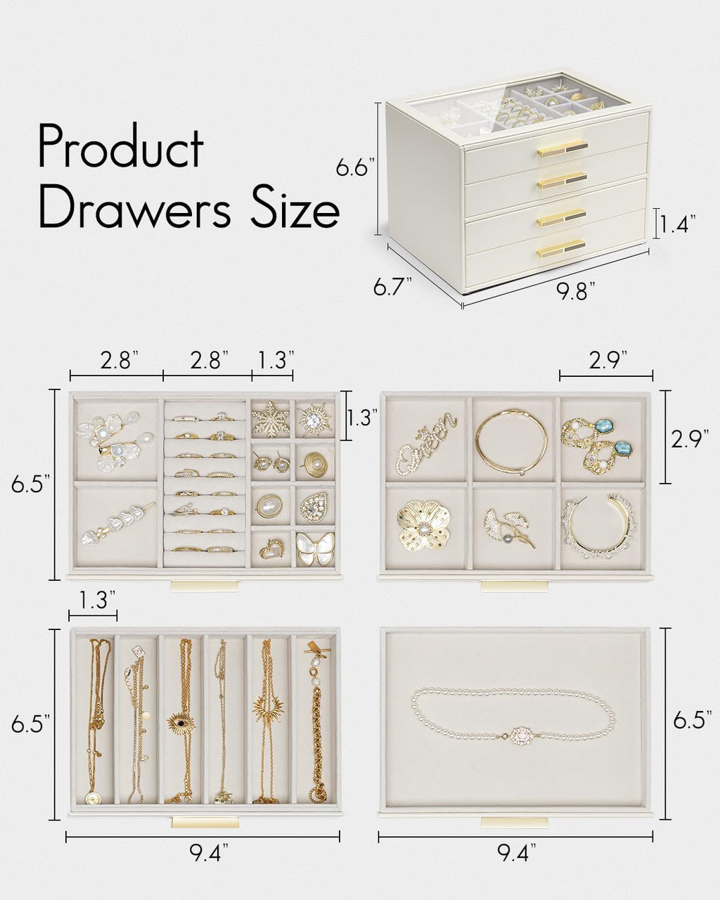 VLANDO 4 Layer Jewelry Box for Women, Glass Lid Jewelry Organizer with 4 Drawers for Necklaces Rings Earrings Bracelets - Cloud White